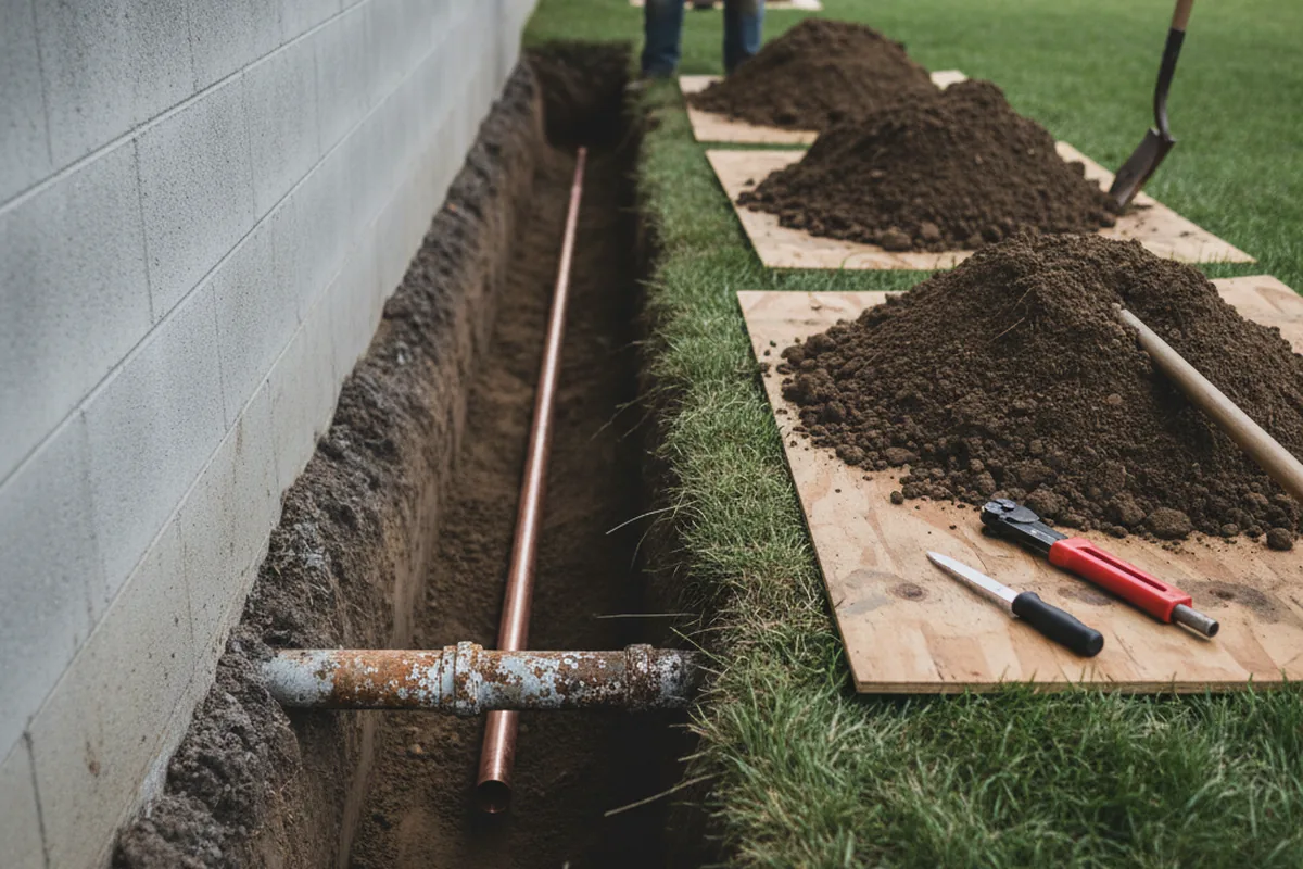 Excavated water line trench during Water Softener Installation in Kihei